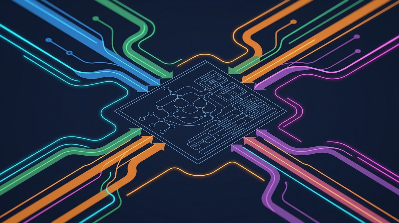 Architectural diagram showing multiple colored pathways converging into a unified state graph blueprint with tool-calling interfaces and protocol layers