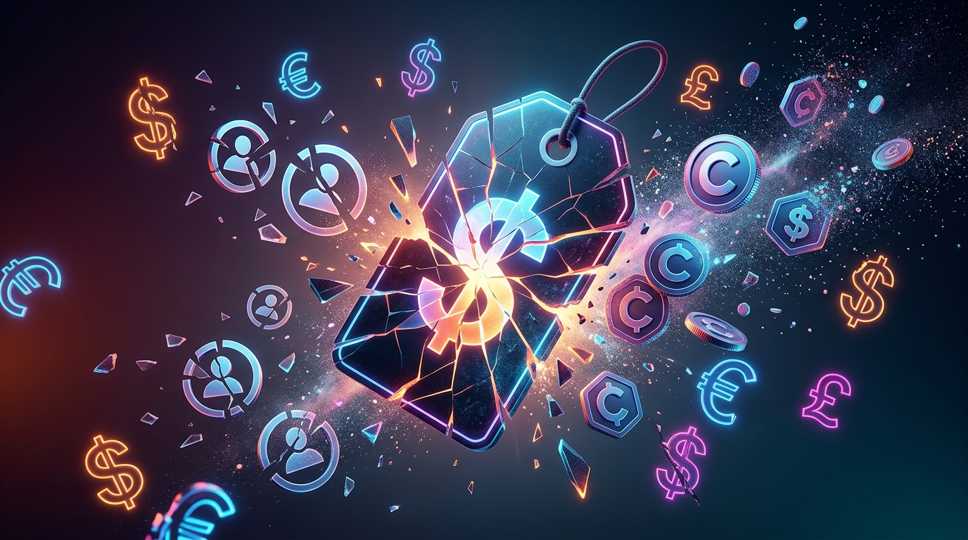 A fractured digital price tag breaking apart mid-air against a dark gradient background — representing the collapse of per-seat SaaS pricing and the chaos of emerging agent billing models