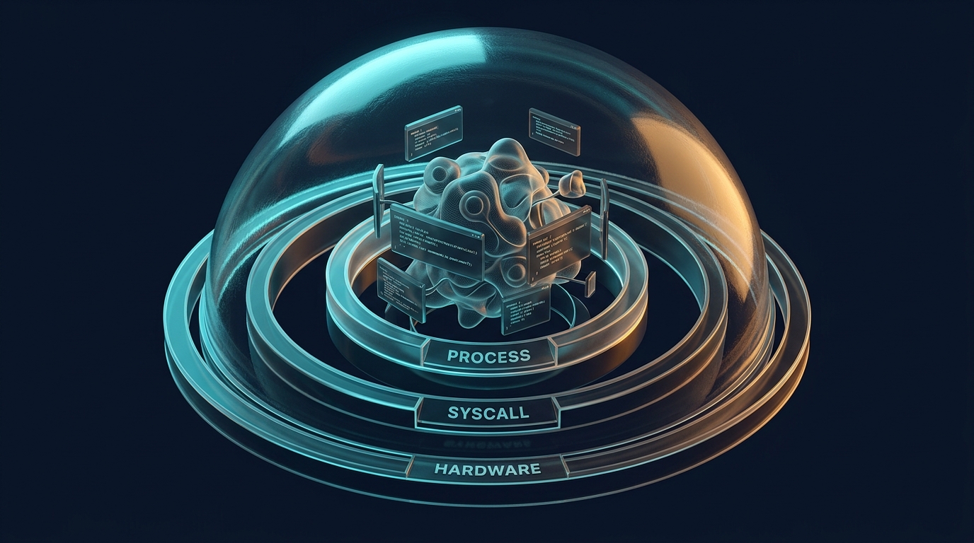 3D render of a glowing translucent security dome encasing abstract AI agent nodes, with three concentric isolation layers against a dark navy background with cyan and amber accents