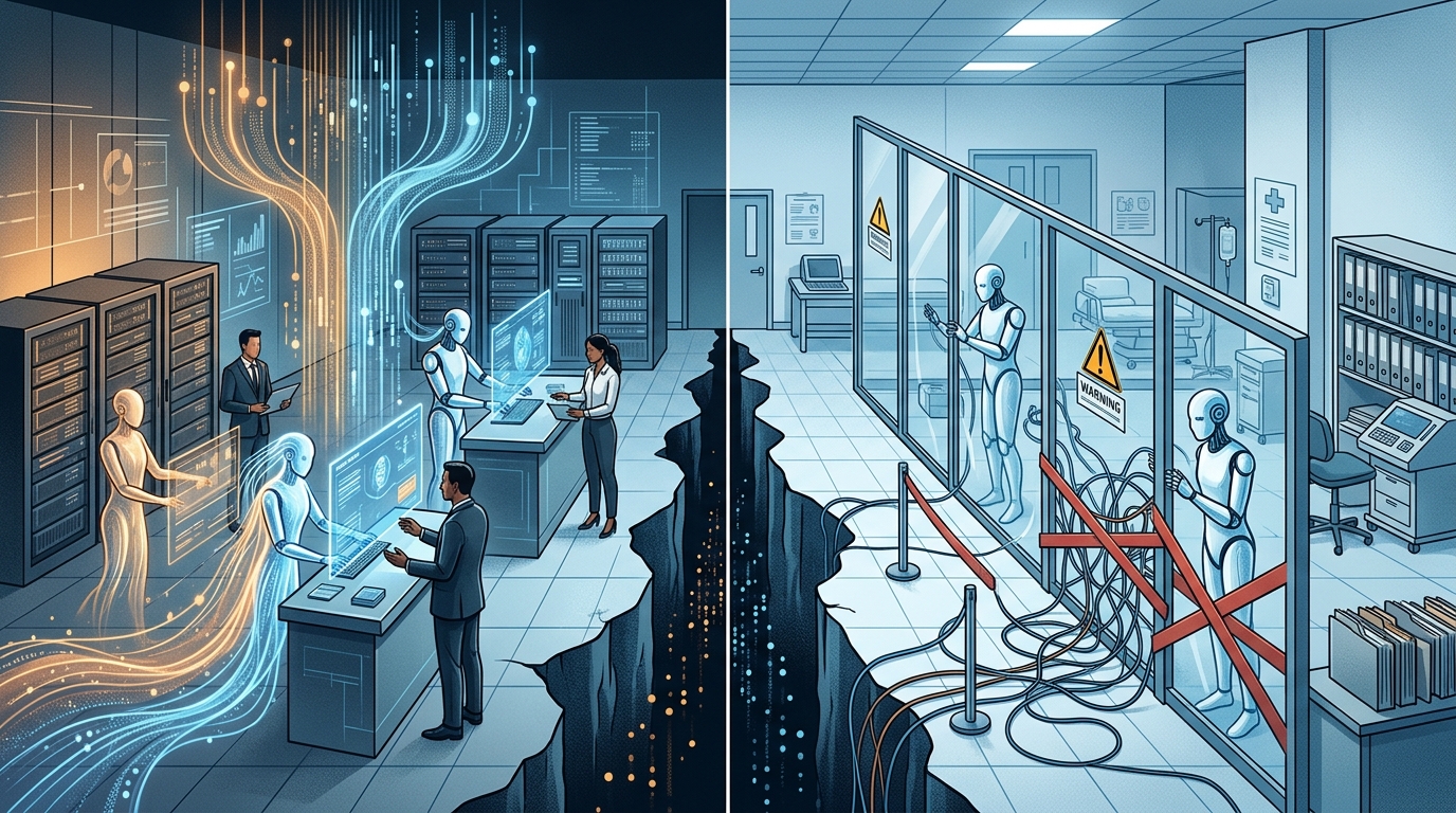 Split-screen illustration showing AI agents operating freely in financial services on one side while blocked by regulatory barriers in healthcare on the other, representing the growing industry adoption gap