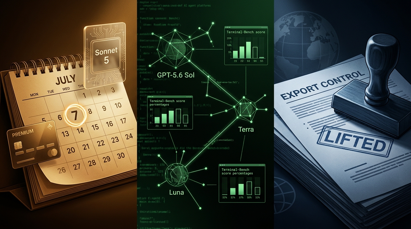 Three-panel editorial split-screen: Anthropic amber/gold with July 7 circled calendar and Sonnet 5 model card, OpenAI green with GPT-5.6 three-tier constellation and Terminal-Bench scores, dark blue regulatory stamp marking export controls LIFTED on a globe.