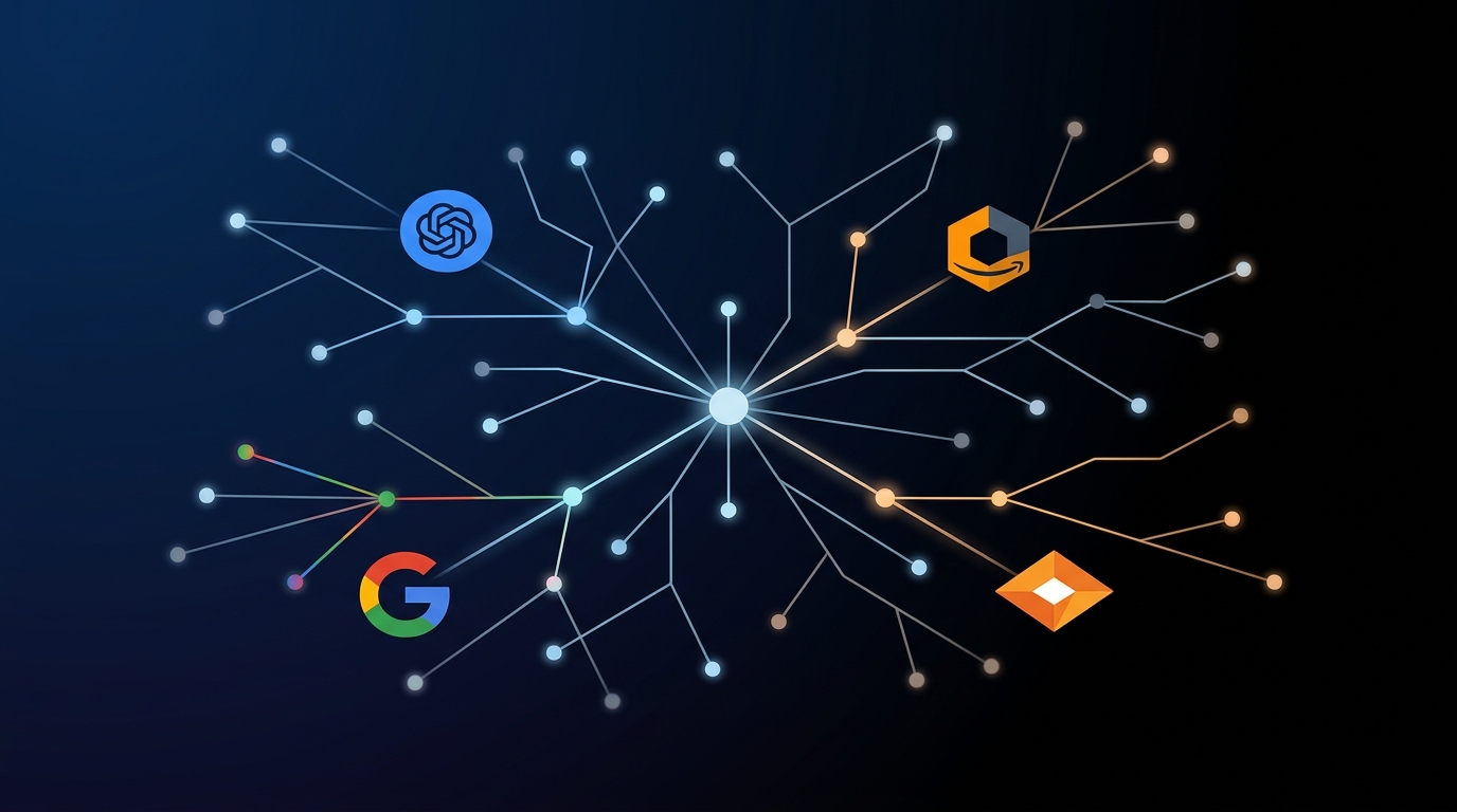 Abstract network of glowing nodes and interconnected lines representing AI agent frameworks converging on a central hub