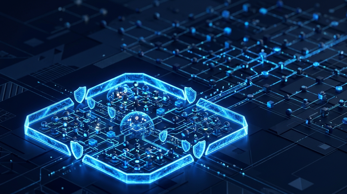 3D render of interconnected AI agent nodes with glowing security shields at the perimeter, dark navy and electric blue