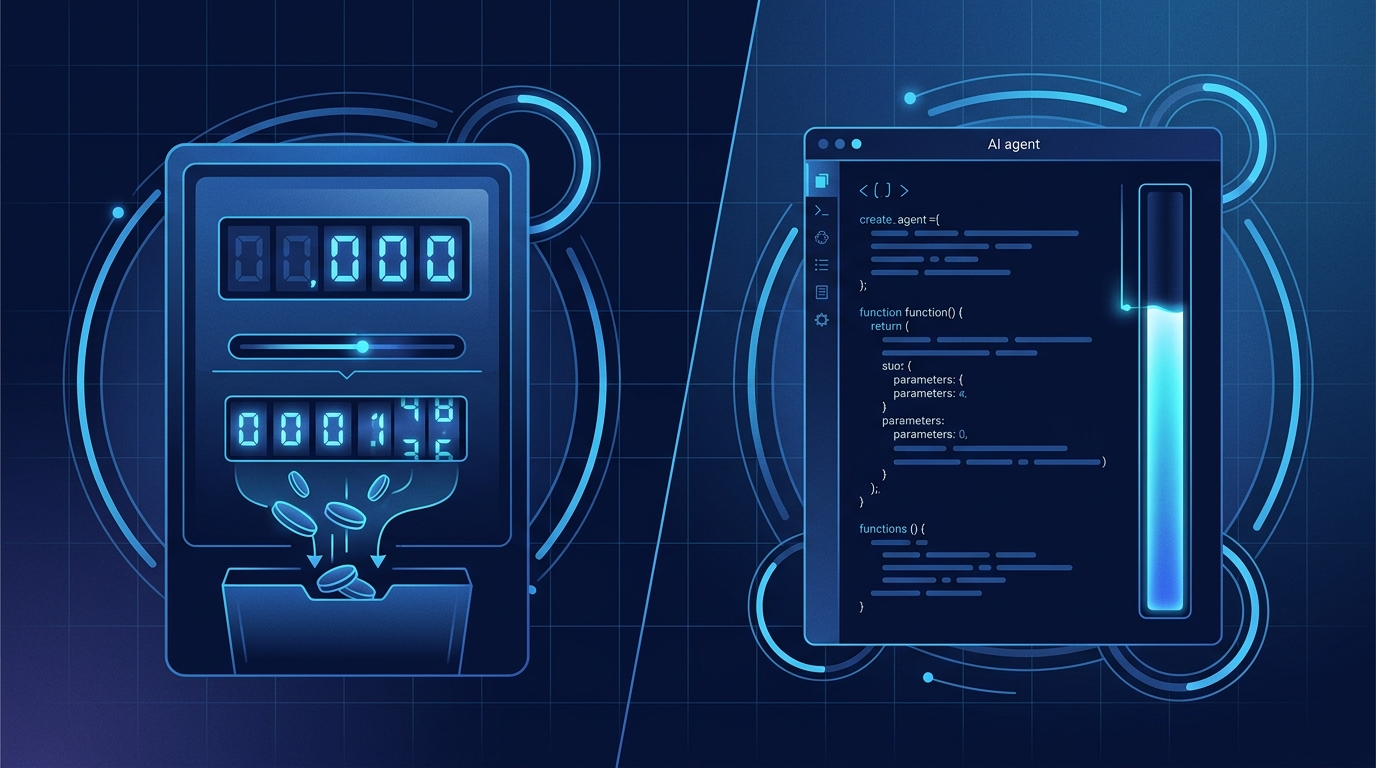 Editorial illustration of a digital billing meter alongside AI agent code interfaces, split-screen composition with token counter and credit pool bar graph