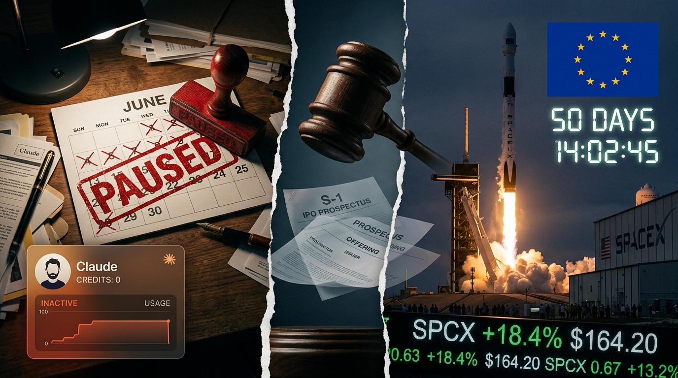 Split-screen editorial composition: a calendar showing June 15 with a PAUSED stamp, a SpaceX rocket with SPCX ticker, and EU flag with 50-day countdown clock, with IPO S-1 documents floating beneath a gavel.