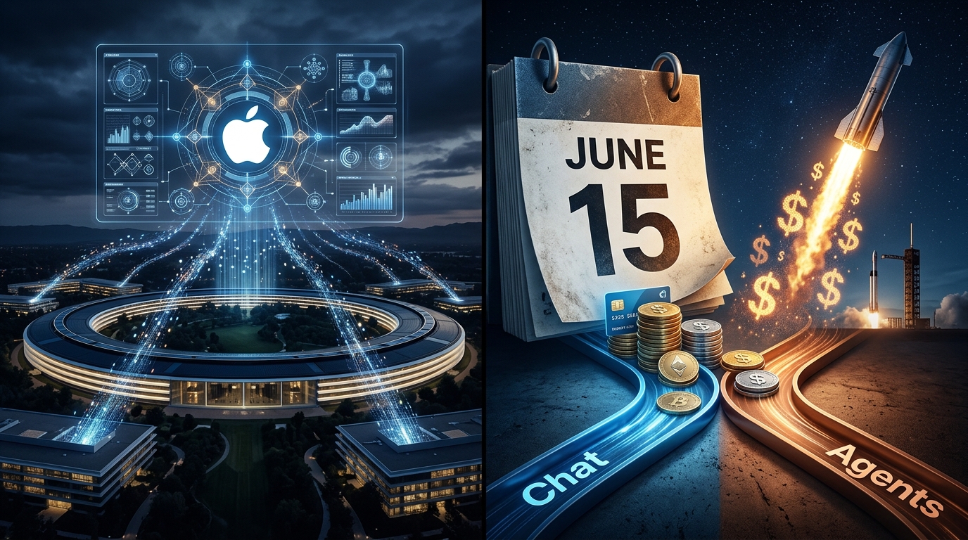 Split-screen editorial photograph: Apple Park at twilight with holographic Siri interface, a calendar showing June 15 with credits splitting into Chat and Agents piles, and a SpaceX rocket with dollar signs in its exhaust representing the $75B IPO. Cinematic mood in deep blues, golds, and white.