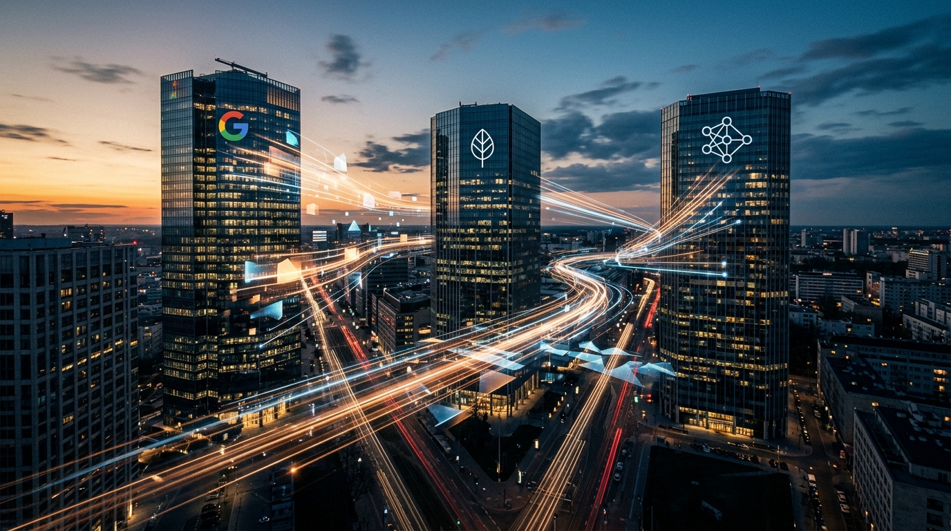 Three glass skyscrapers at dusk representing Google, Anthropic, and OpenAI, with glowing data streams and agent-like geometric shapes flowing between them, shot in editorial photography style with warm amber and cool blue tones