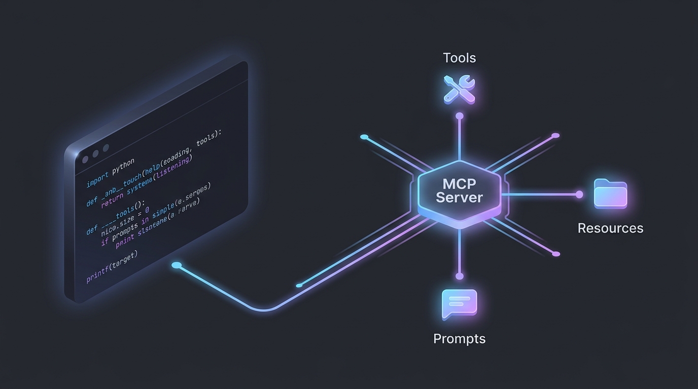 Technical illustration showing a Python MCP server at the center with spokes connecting to tools, resources, and a terminal prompt