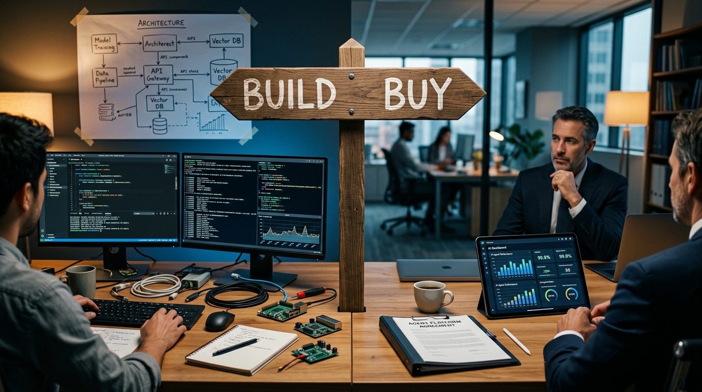 Split desk scene: developer workstation on the left representing the build path, executive desk with platform dashboards on the right representing the buy path, with a wooden decision signpost in the middle