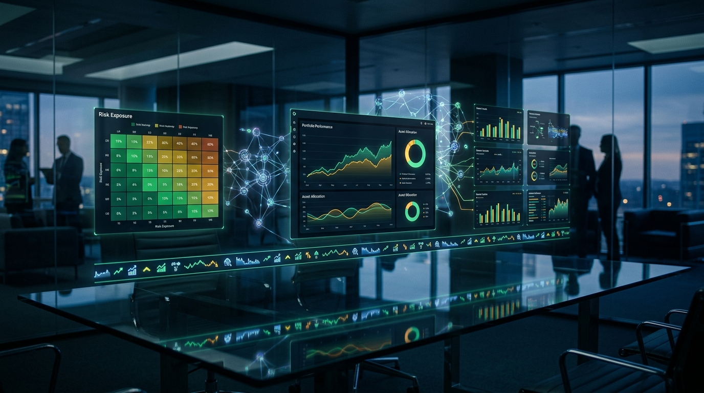 Dark financial dashboard with glowing portfolio charts, risk heatmaps, and AI neural network nodes connecting data screens on a polished glass conference table