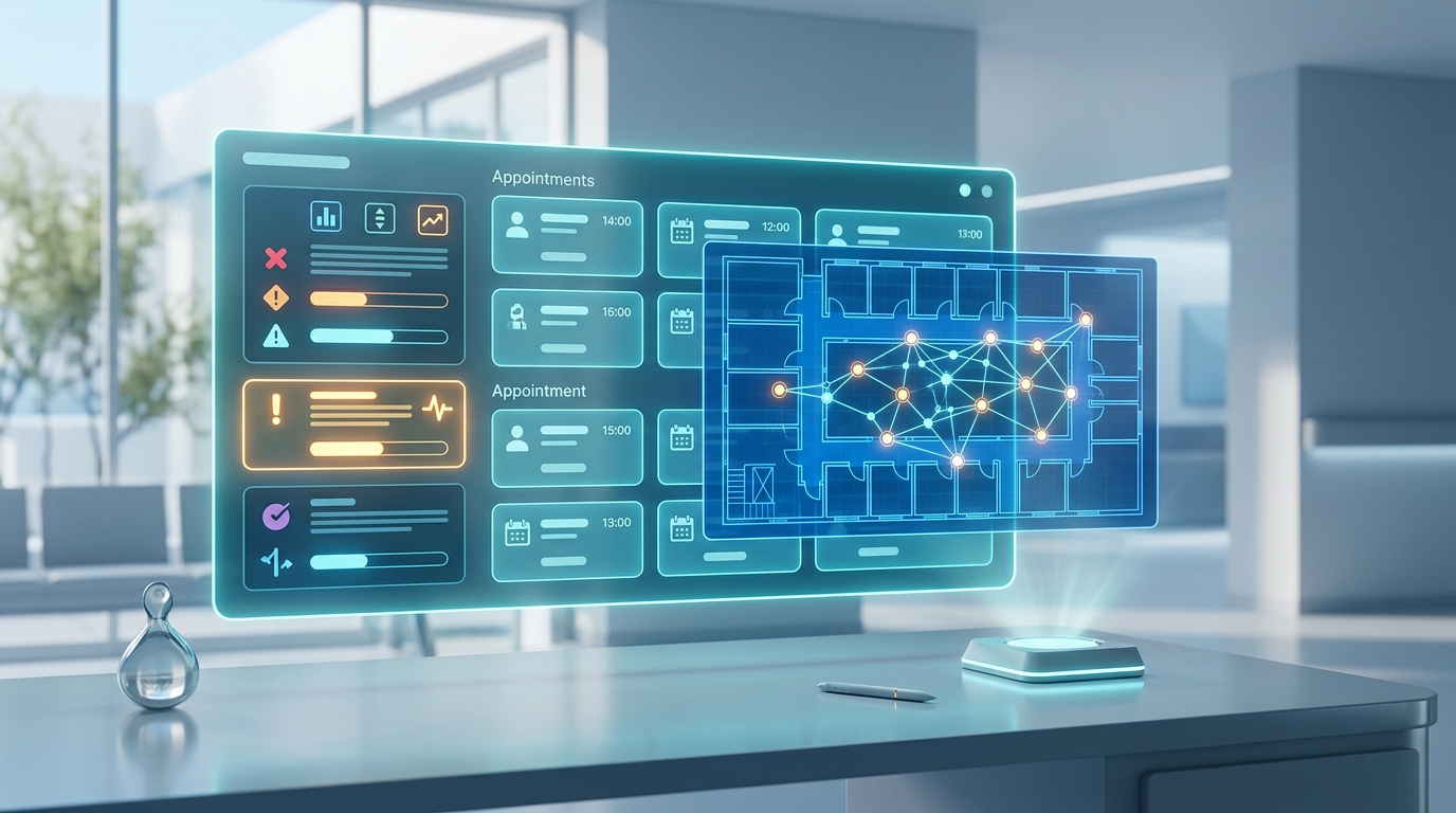 AI healthcare agent dashboard showing triage data, appointment scheduling, and neural graph overlays on a clinical workspace