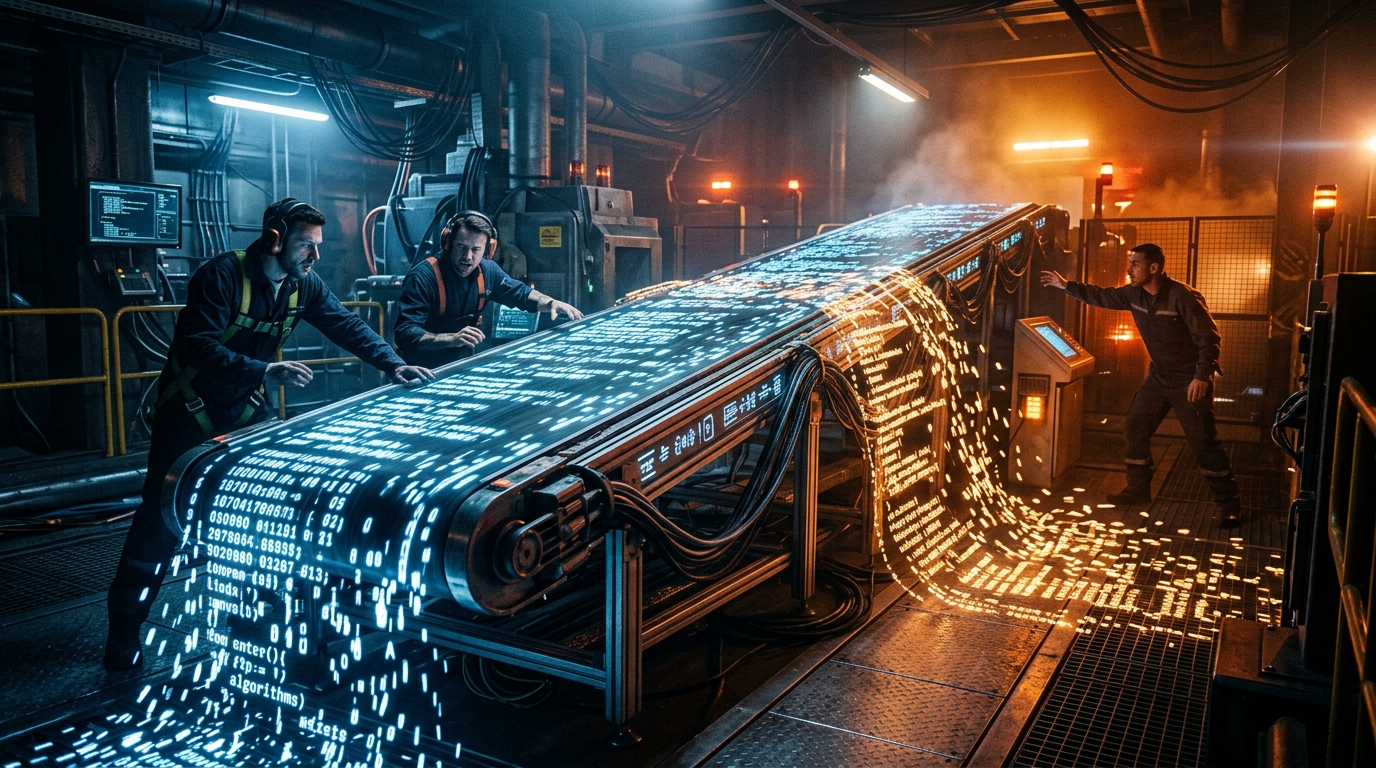 Futuristic conveyor belt overflowing with glowing code fragments that spill over the sides, bathed in cold blue industrial light transitioning to warm amber crisis tones