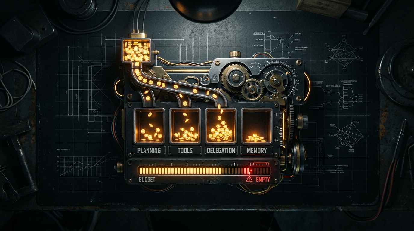 Overhead shot of a precision-engineered mechanical budget counter with glowing digital tokens being allocated into compartments — planning, tools, delegation, memory — with a red warning zone approaching, surrounded by architectural blueprint lines