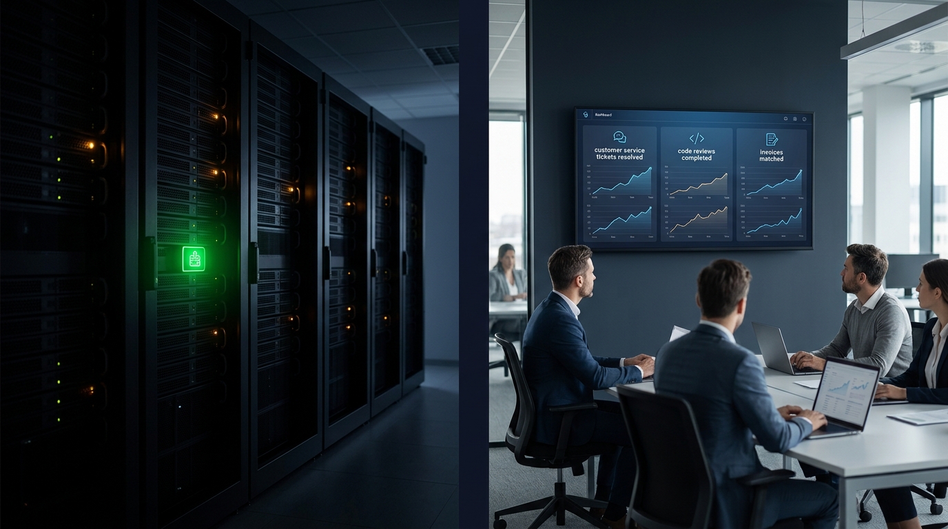 Split composition contrasting dark server room with single green production indicator against modern office dashboard showing rising agent deployment metrics