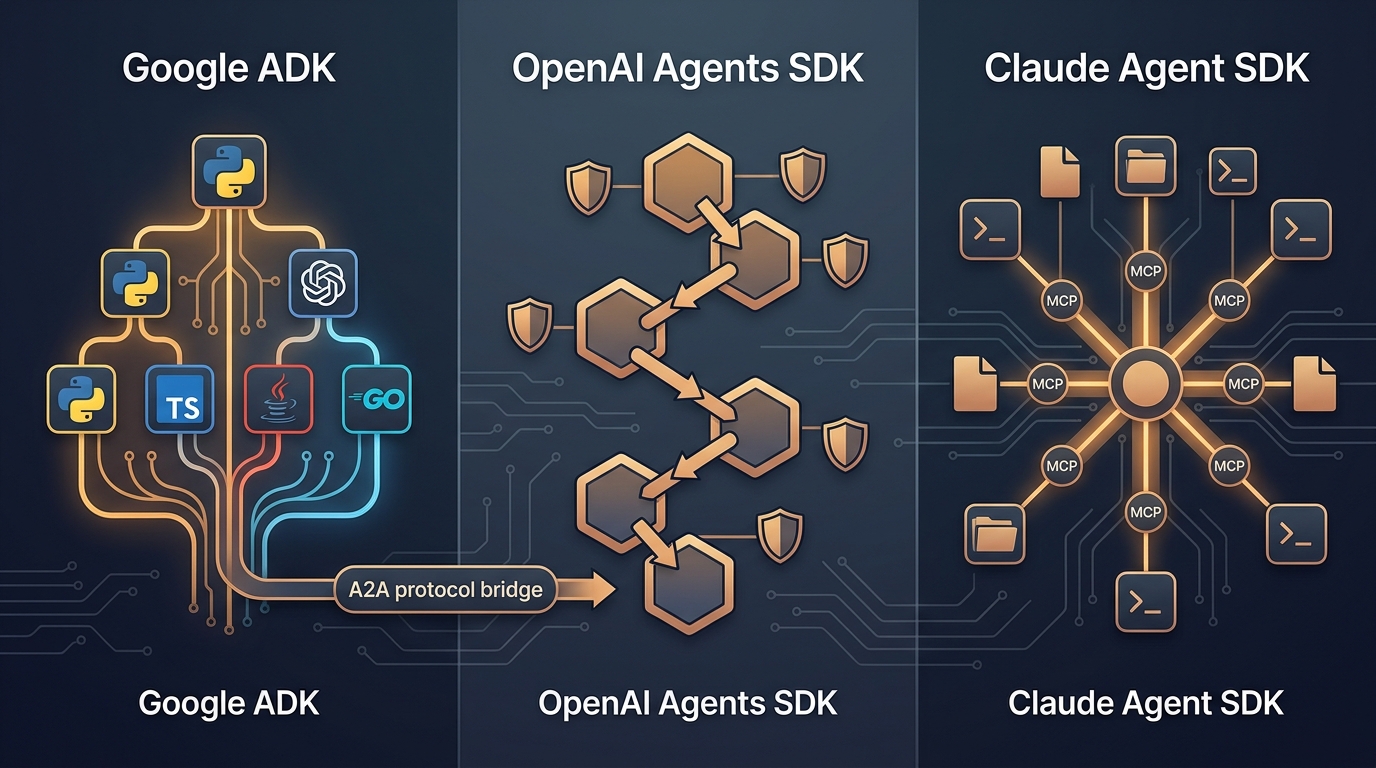 Three architectural panels comparing Google ADK hierarchical trees, OpenAI handoff chains, and Claude MCP workspace against a dark technical background