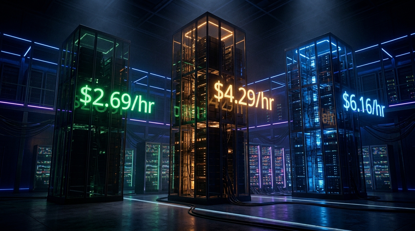 Three illuminated glass data towers representing RunPod, Lambda Labs, and CoreWeave with floating hourly GPU pricing digits in green, amber, and blue against a dark neon-edged server room