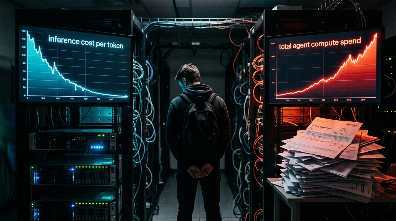 Split composition: a blue downward curve labeled 'cost per token' plummeting toward zero, while red invoices and agent compute bills stack upward. A solitary figure stares at the contradiction between cheap models and exploding total spend.
