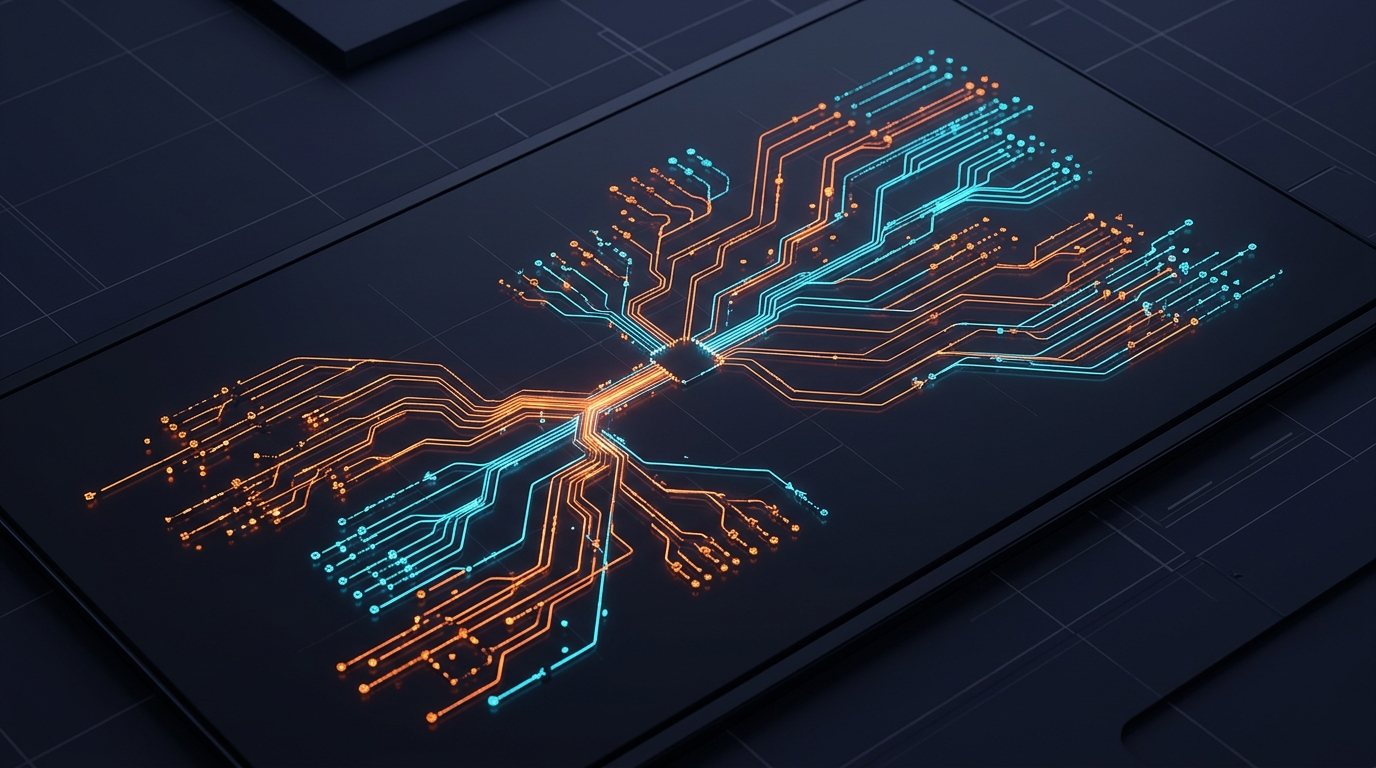 Interconnected agent trace nodes flowing through a dark observability dashboard with glowing orange and cyan data pathways