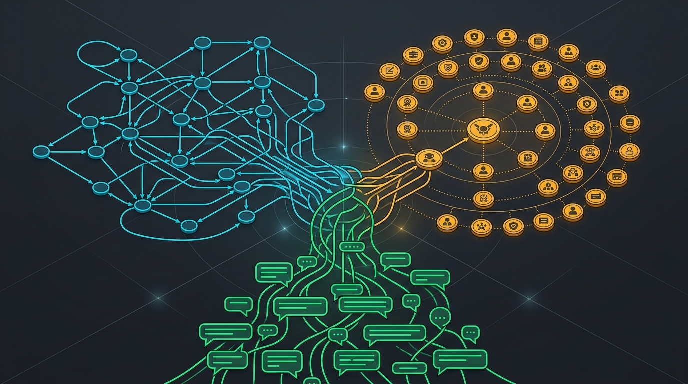 Three architectural patterns converging: graph nodes, role-based team hierarchy, and conversation chains between agents