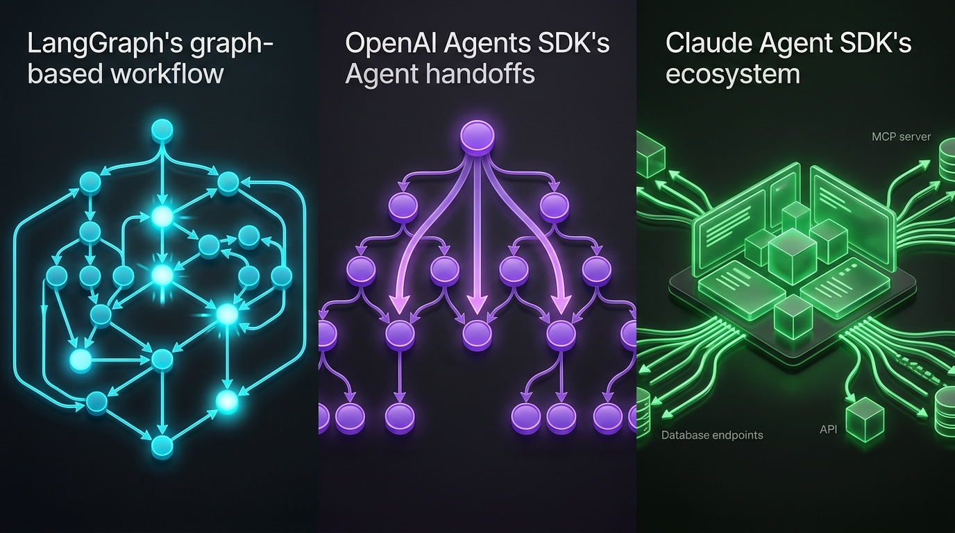 Three distinct architectural diagrams side by side: a directed graph with glowing nodes, a hierarchical handoff tree, and a session workspace with MCP connections