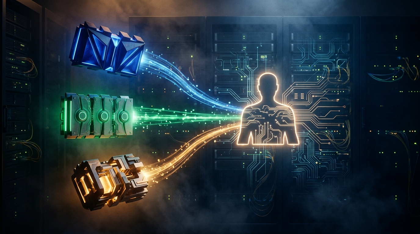 Three glowing memory modules representing Mem0, Zep, and LangMem connected by data streams to a central AI agent silhouette in a dark server room