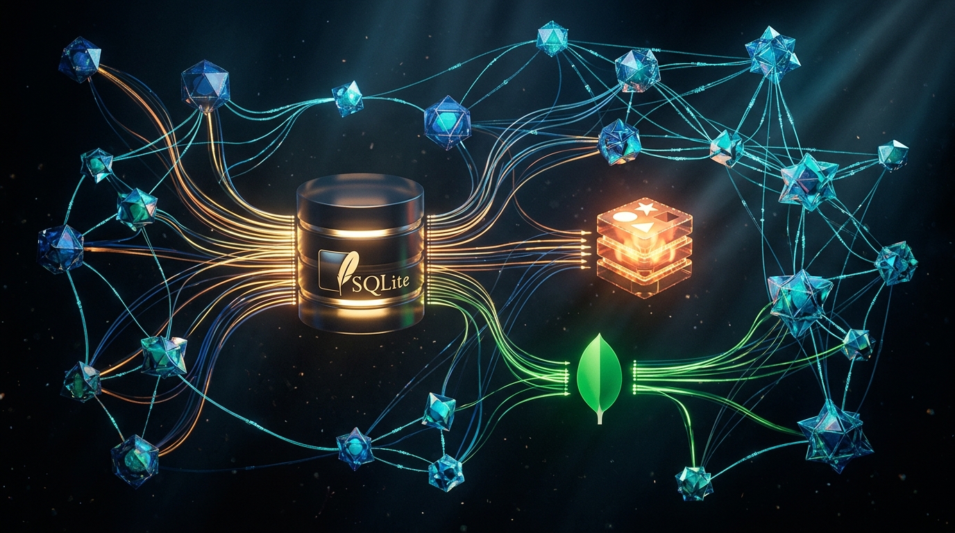 Dark-themed 3D render of luminous database cylinder and Redis cube connected by glowing data streams to crystalline AI agent nodes, representing persistent state across runs