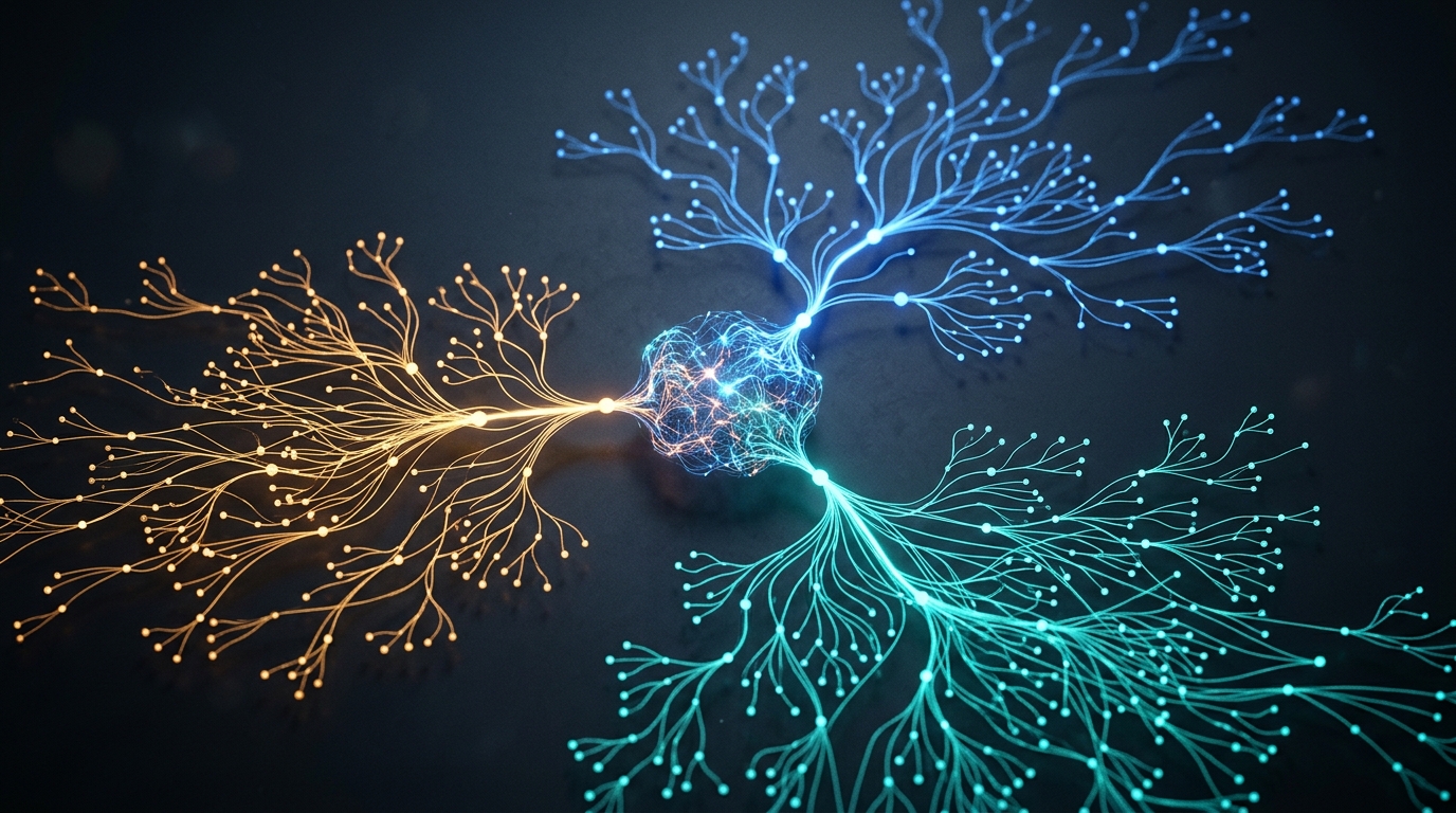 Abstract neural network visualization showing branching decision tree pathways for different reasoning levels in AI agents