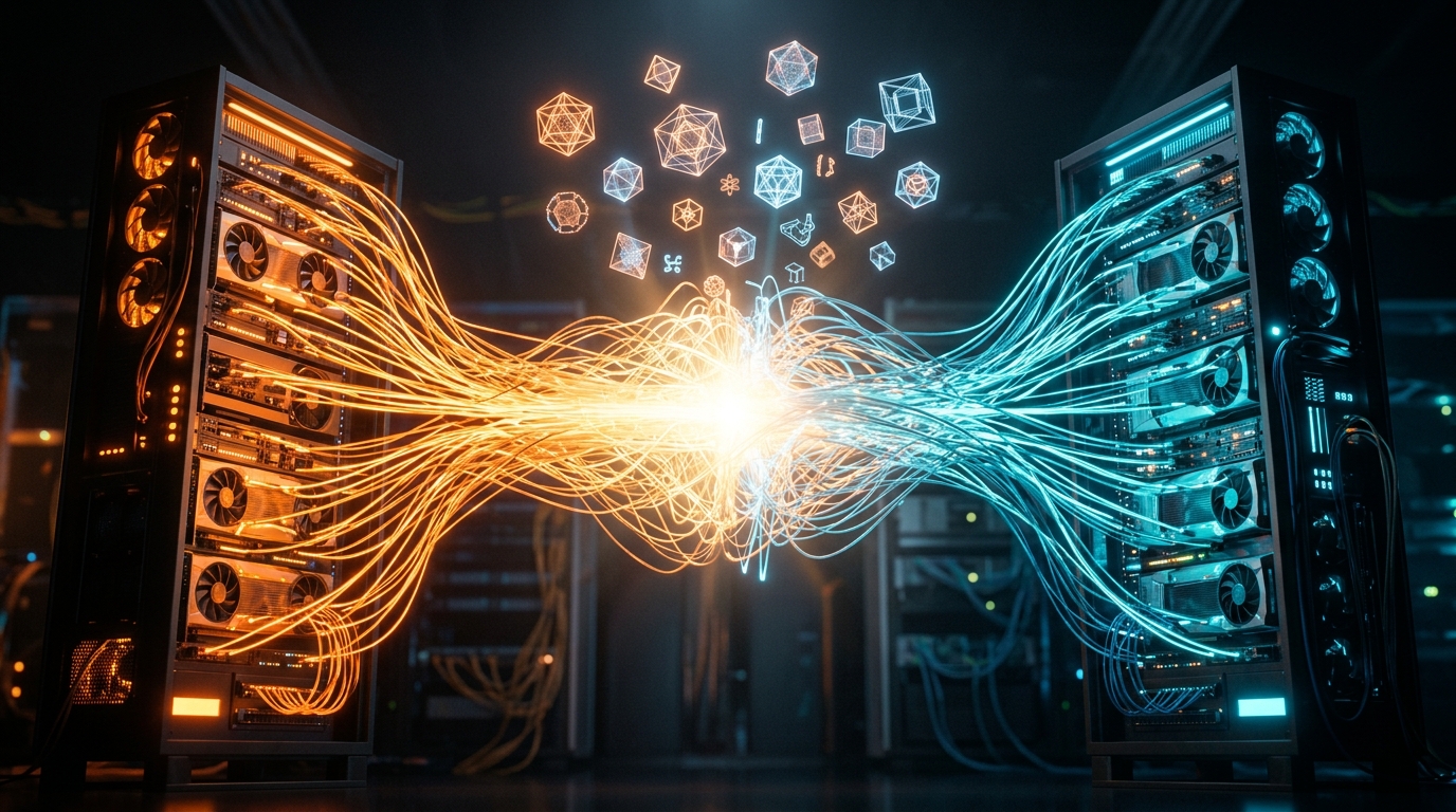 3D render of two GPU server racks merging through glowing fiber-optic data streams — orange vLLM and teal SGLang sides converging into a white-gold fusion center with translucent geometric code fragments floating above